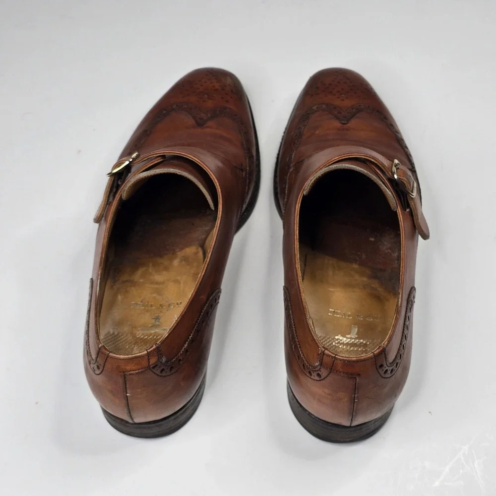 Brooks Brothers Peal & Co Mens Tan Leather Wingtip Monk Strap Shoes 10.5 D UK